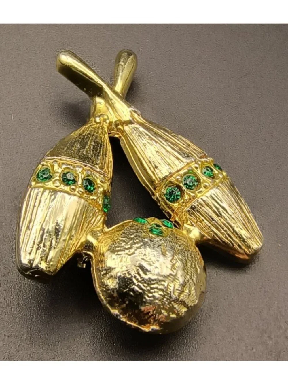 Vintage Gold Tone Brooch With Green Rhinestones Bowling Pin and Ball Design